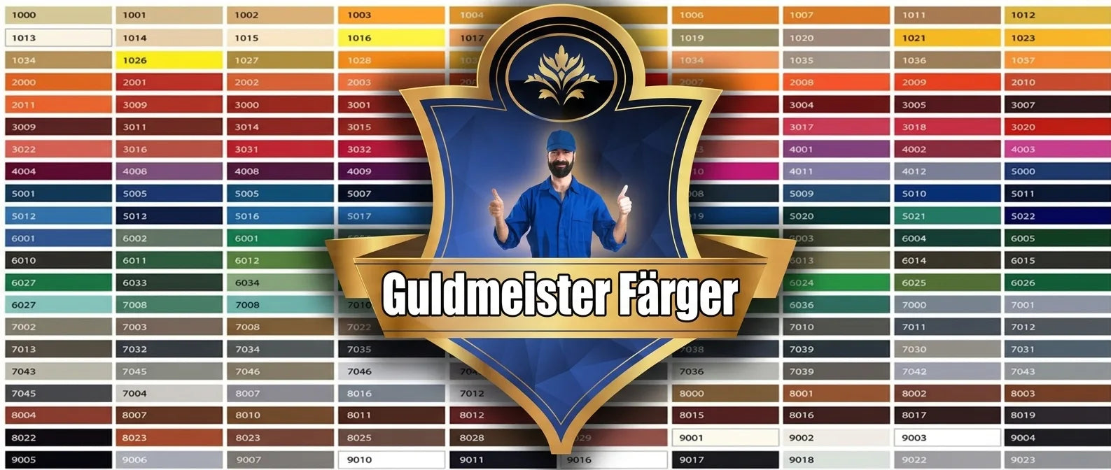 Goldmeister Farben färgkarta med hundratals numrerade färgprover i olika nyanser och logotyp med en hantverkare.
