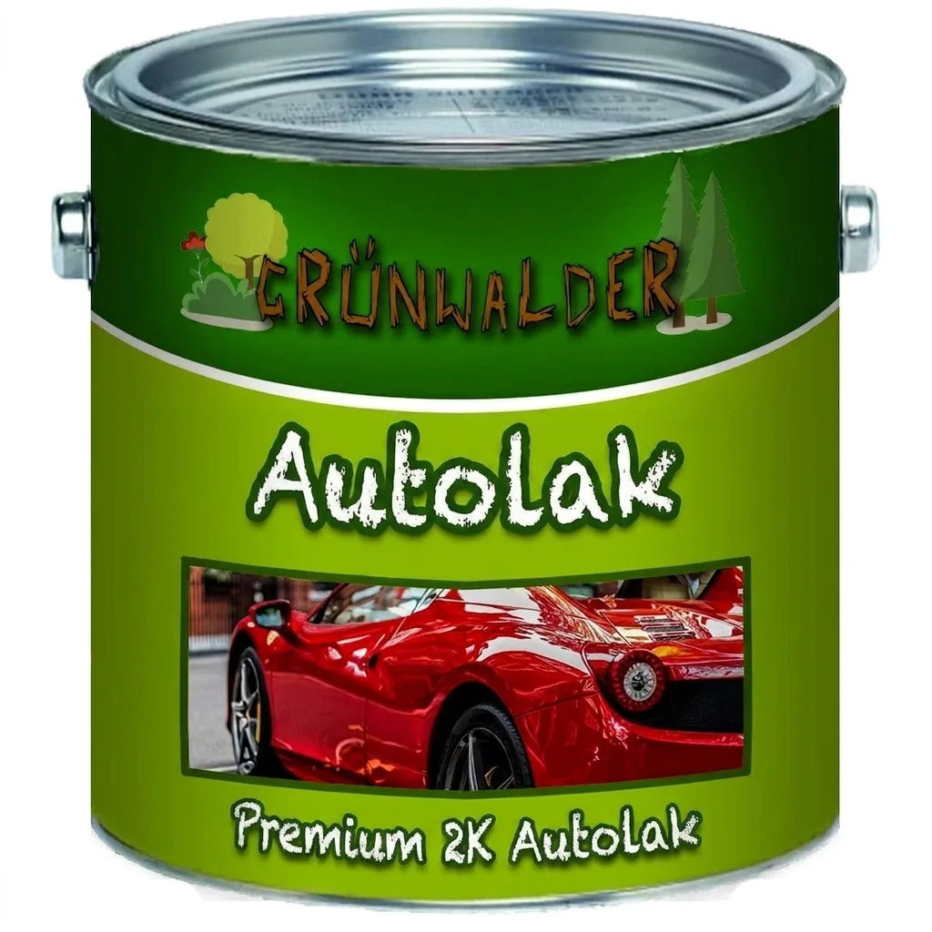 Grøn malerbøtte med Grünwalder Autolack og billede af rød sportsvogn. Premium 2K billak.