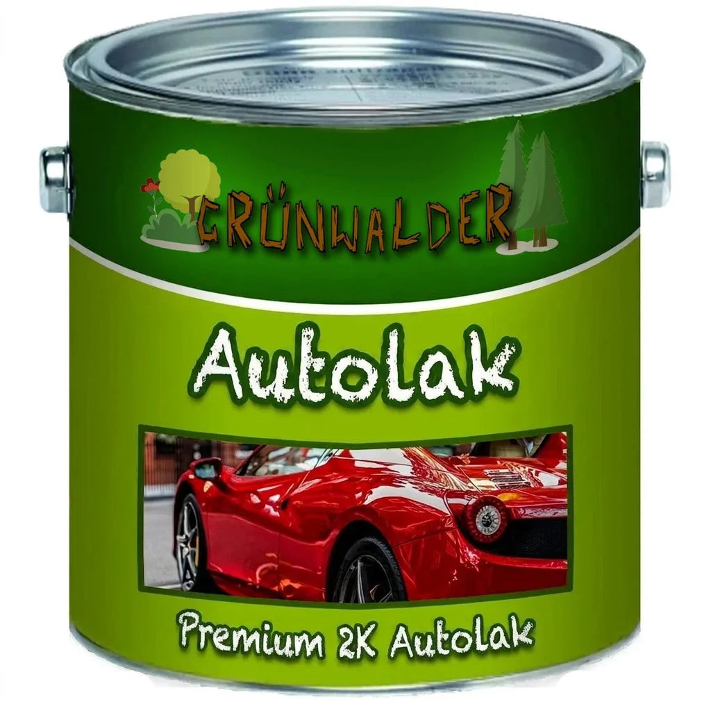 Grøn malerbøtte med Grünwalder Autolack og billede af rød sportsvogn. Premium 2K billak.