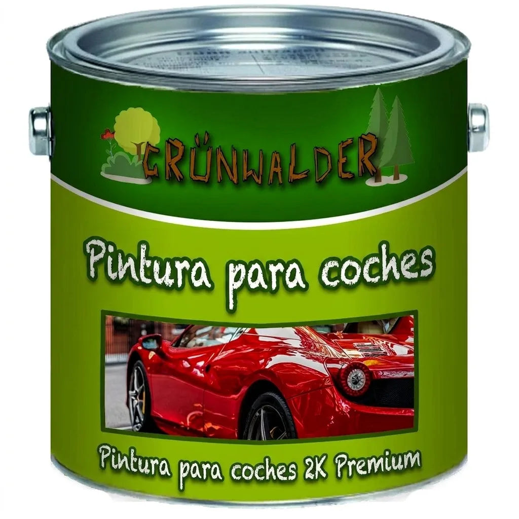 Bote de pintura verde GRÜNWALDER Autolack Premium 2K para coches, con imagen de un Ferrari rojo.