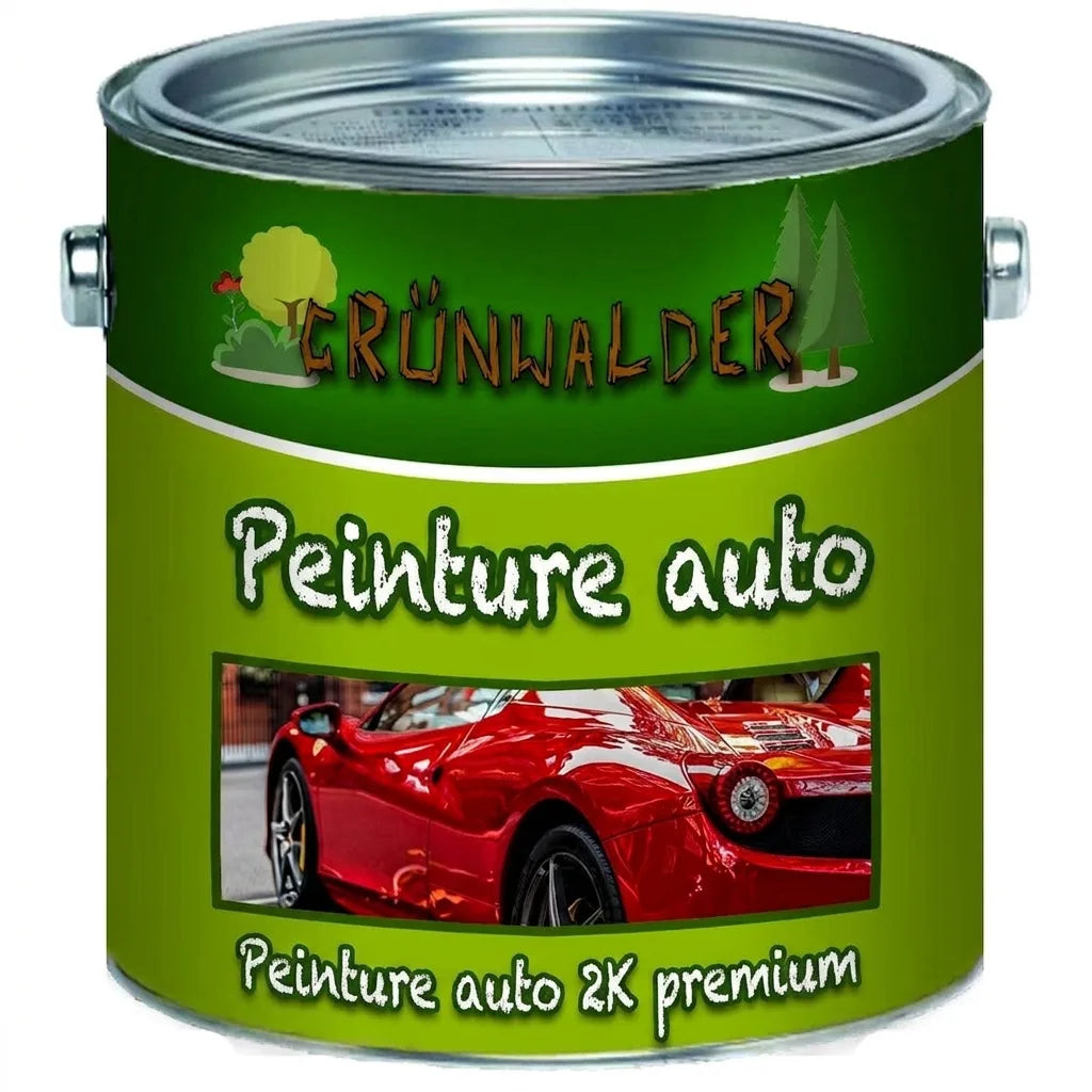 Pot de peinture vert GRÜNWALDER Autolack Premium 2K, illustrant une voiture de sport rouge.