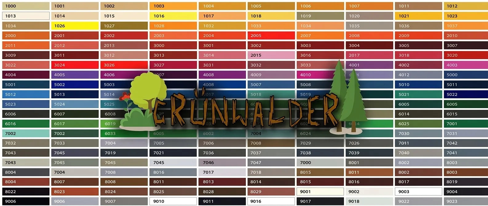 Nuancier de couleurs avec le texte stylisé "Grünwalder" et des motifs d'arbres.