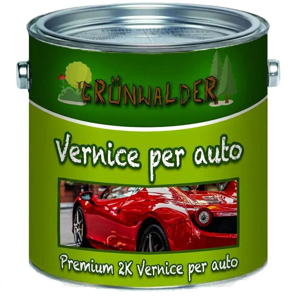 Lattina di vernice rossa premium 2K Grünwalder Autolack con immagine di auto sportiva.