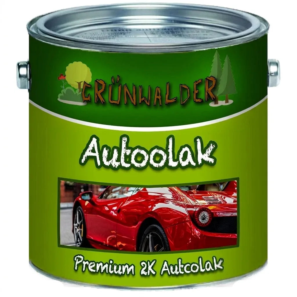 Groen Grünwalder verfblik met Premium 2K autolak en afbeelding van rode sportauto.