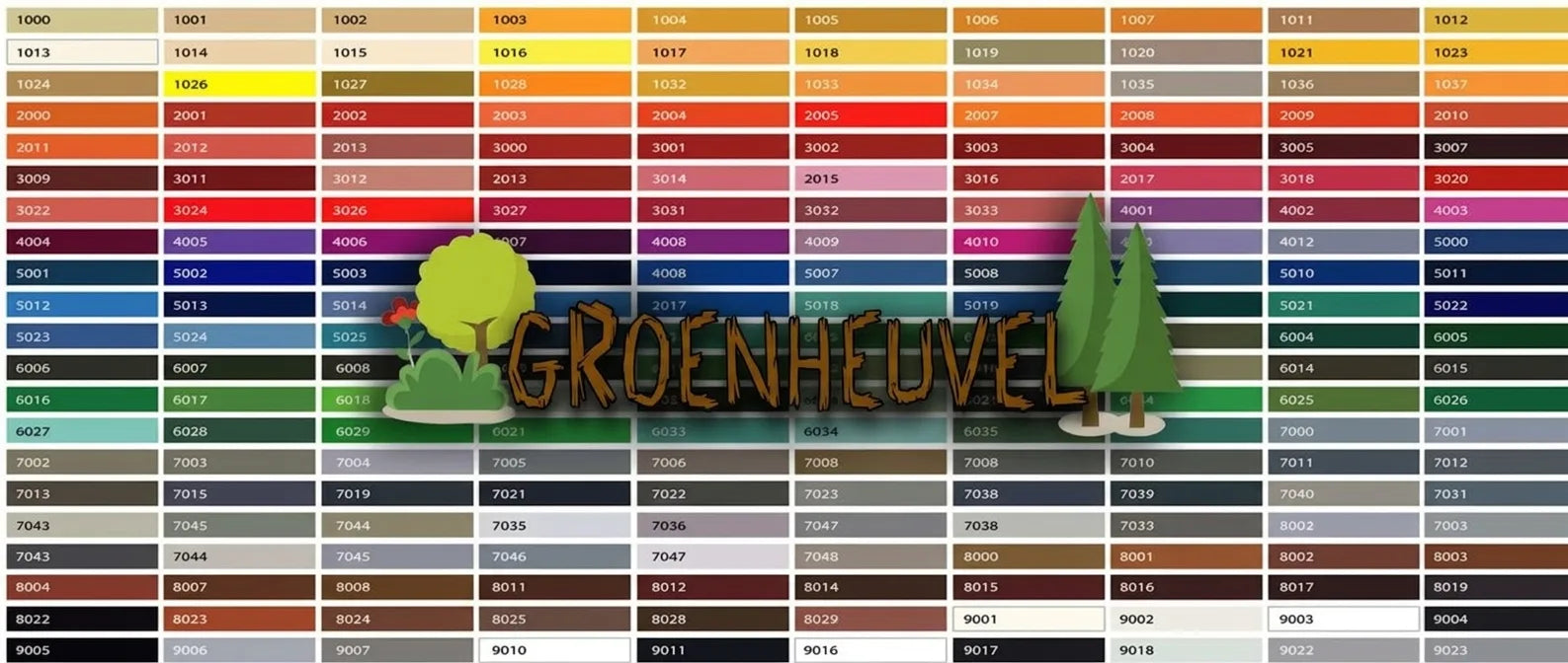 Kleurenkaart met genummerde kleurstalen, natuurillustraties van bomen en de merknaam 'GRÜNWALDER'.