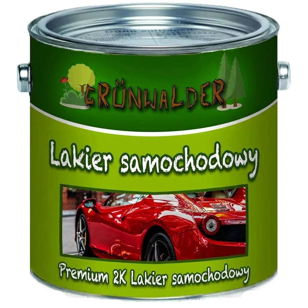 Zielona puszka lakieru samochodowego Grünwalder, z czerwonym Ferrari na etykiecie. Autolakier Premium 2K.