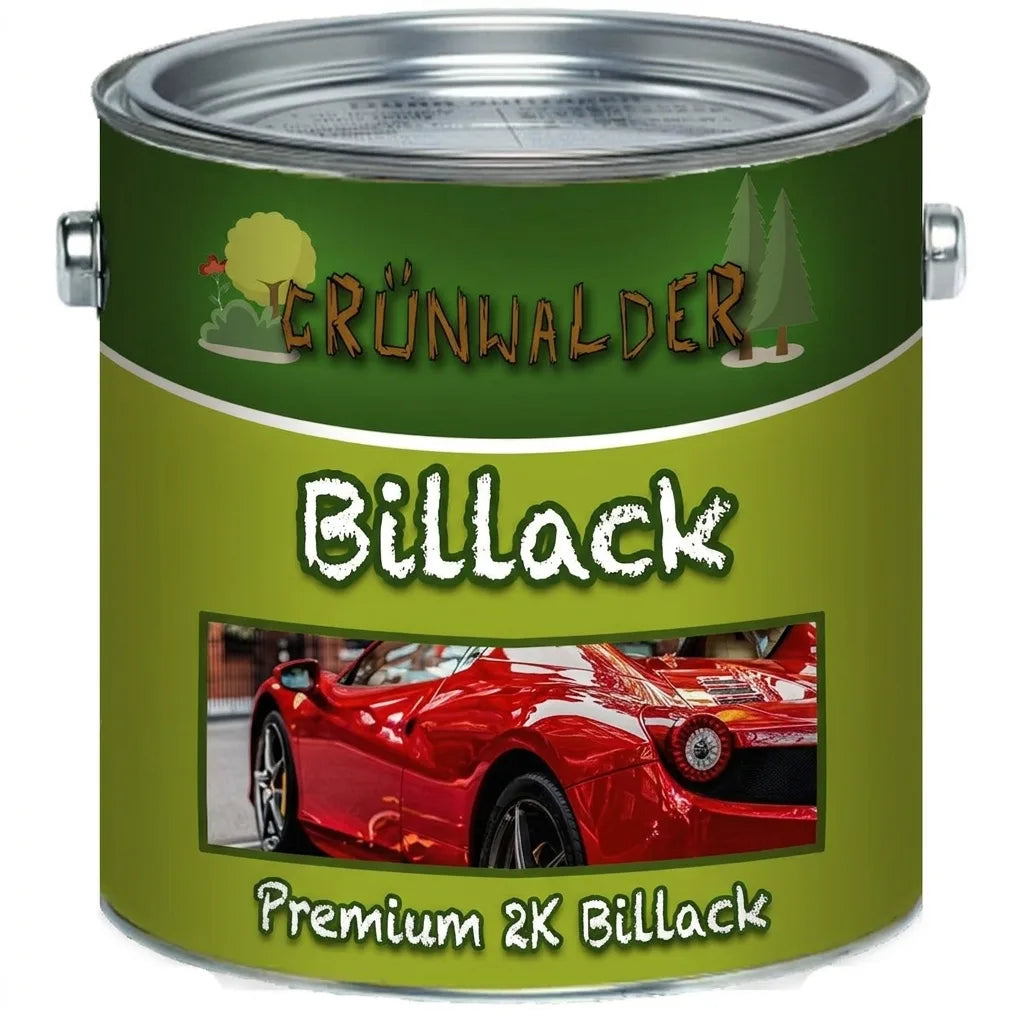 Grön färgburk med texten 'GRÜNWALDER Autolack Premium 2K Autolack' och en röd sportbil på etiketten.