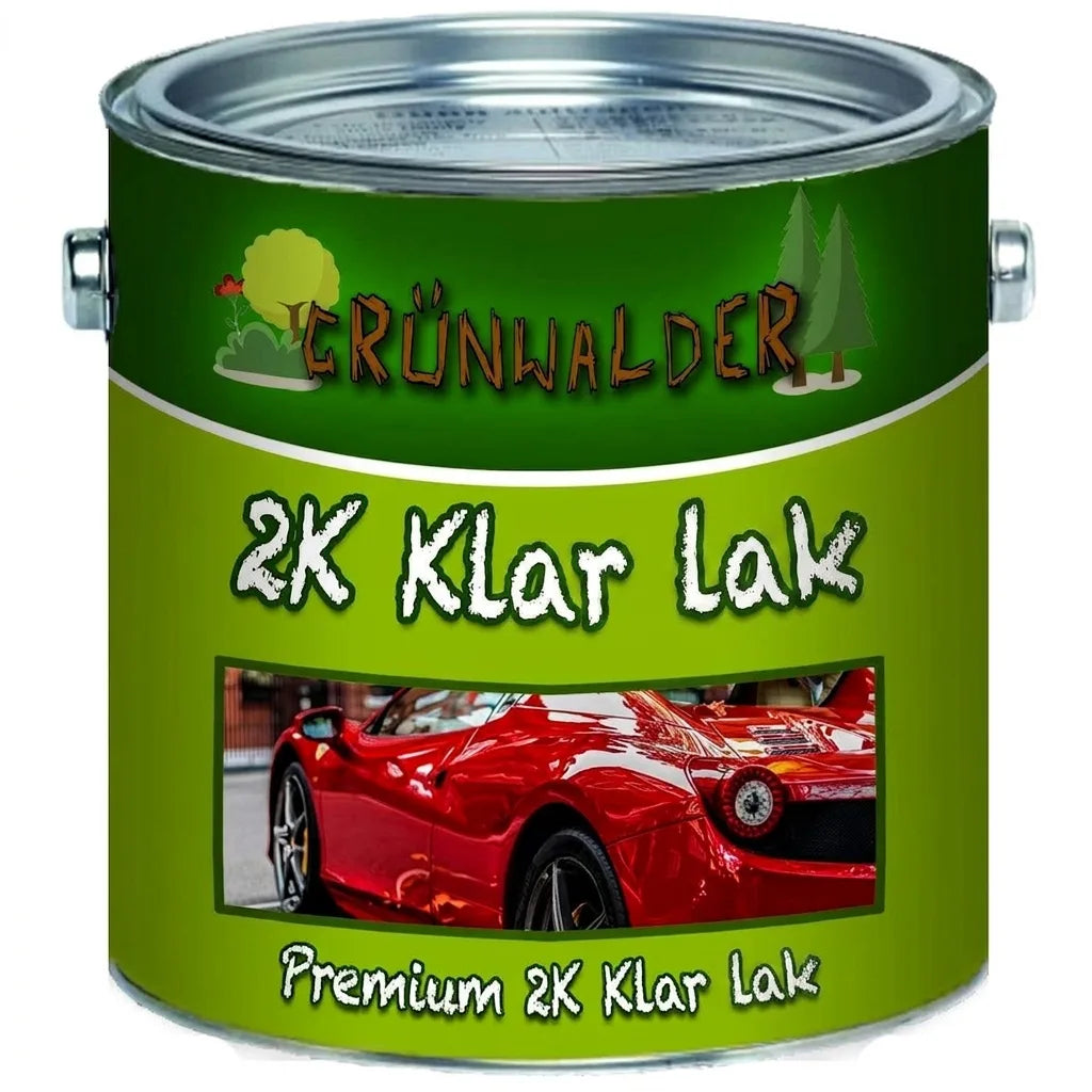 Grünwalder Premium 2K klarlak i dåse, med billede af en rød sportsvogn. Høj kvalitet klarlak.