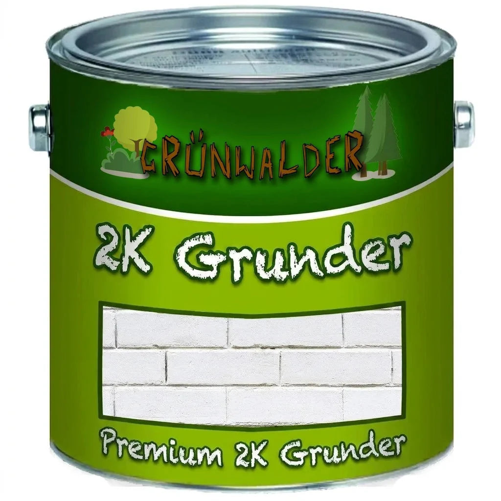 Grünwalder Premium 2K grunder i malingsdåse, der viser anvendelse på hvide mursten. Høj kvalitet grundmaling.
