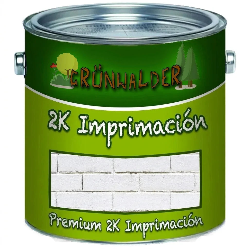 Bote de pintura verde con la marca Grünwalder, imprimación 2K premium y ladrillos blancos.
