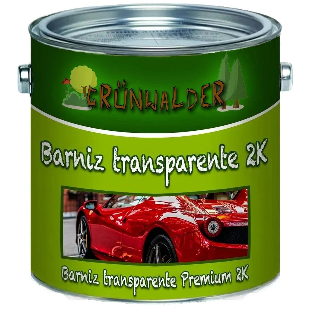 Lata de pintura con barniz transparente Grünwalder 2K Klarlack premium para acabados de alto brillo en vehículos.