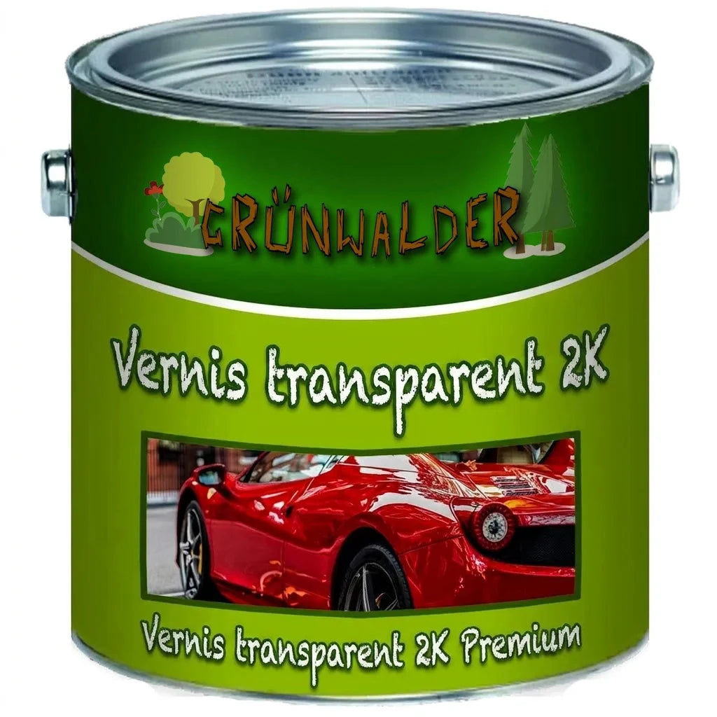 Pot de peinture vert Grünwalder 2K Klarlack avec voiture de sport rouge. Vernis transparent automobile.