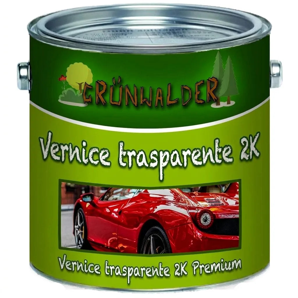 Lattina di vernice trasparente 2K Grünwalder premium, ideale per auto e finiture lucide.