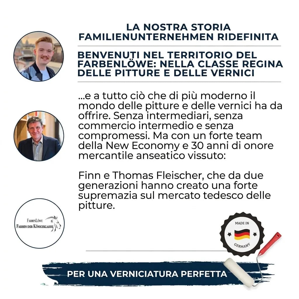 Infografica con volti, logo FarbenLöwe e testo tedesco su storia aziendale, vernici di alta qualità e "Made in Germany".