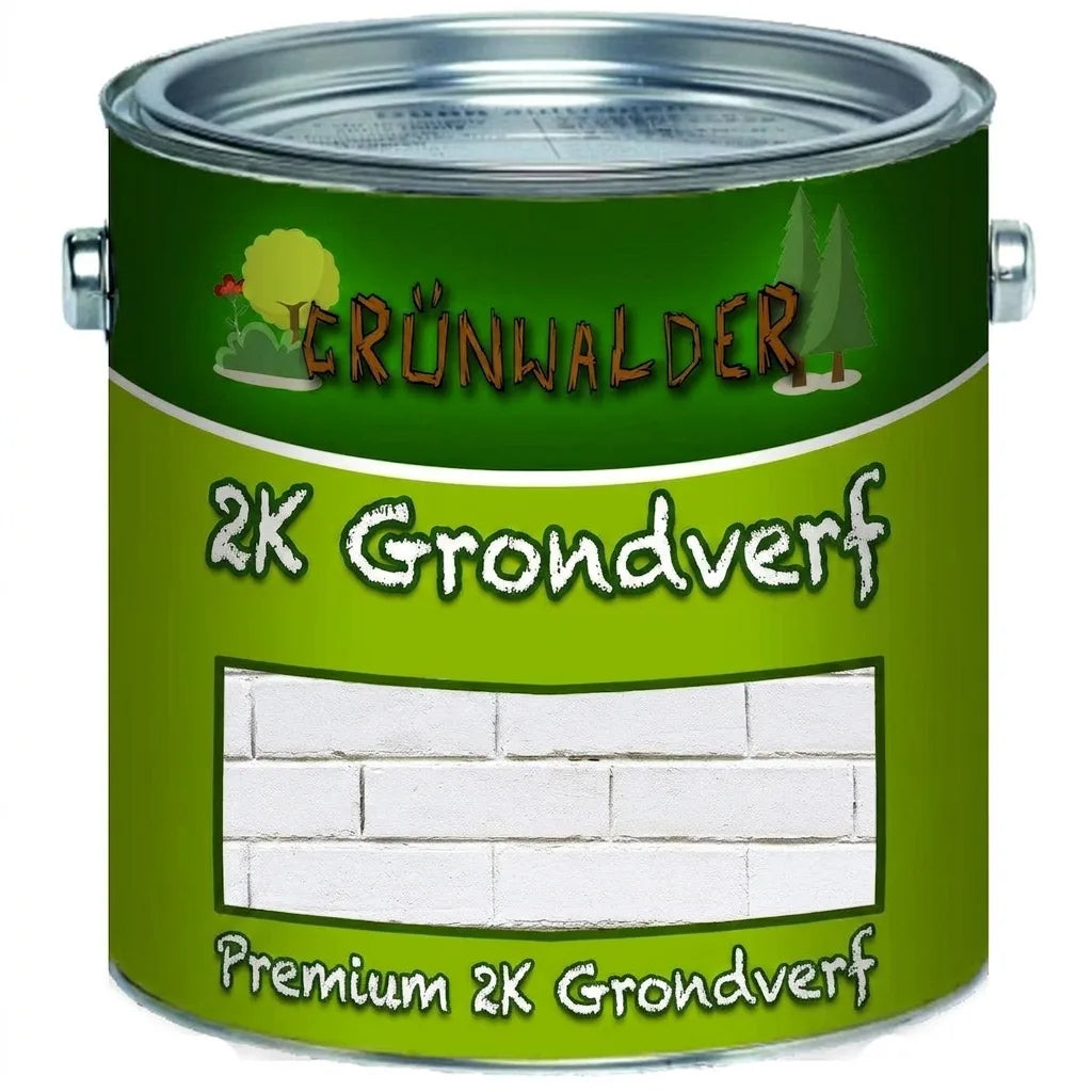 Groen Grūnwalder 2K premium grondverfblik met voorbeeld van witte bakstenen op het etiket.