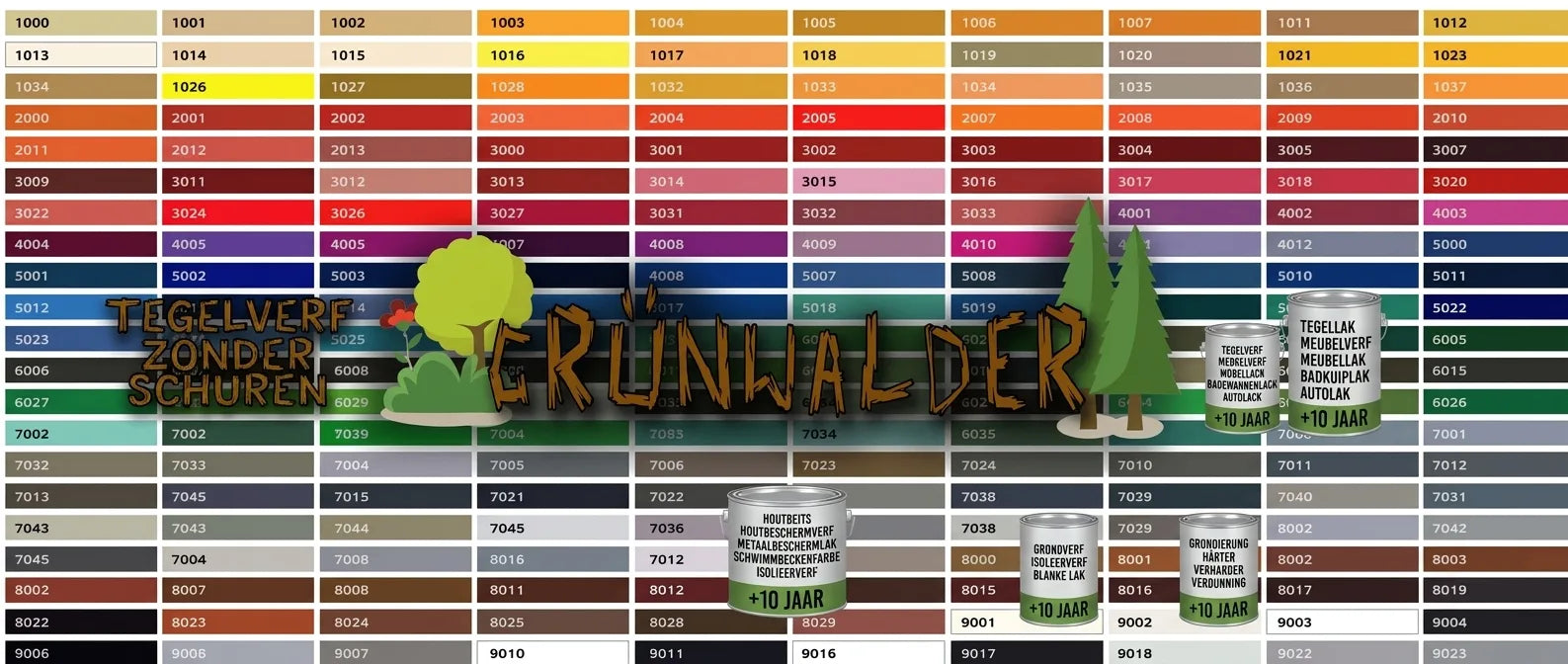 Grote kleurenkaart met RAL-codes, inclusief het woord GRÜNWALDER en bosillustraties.