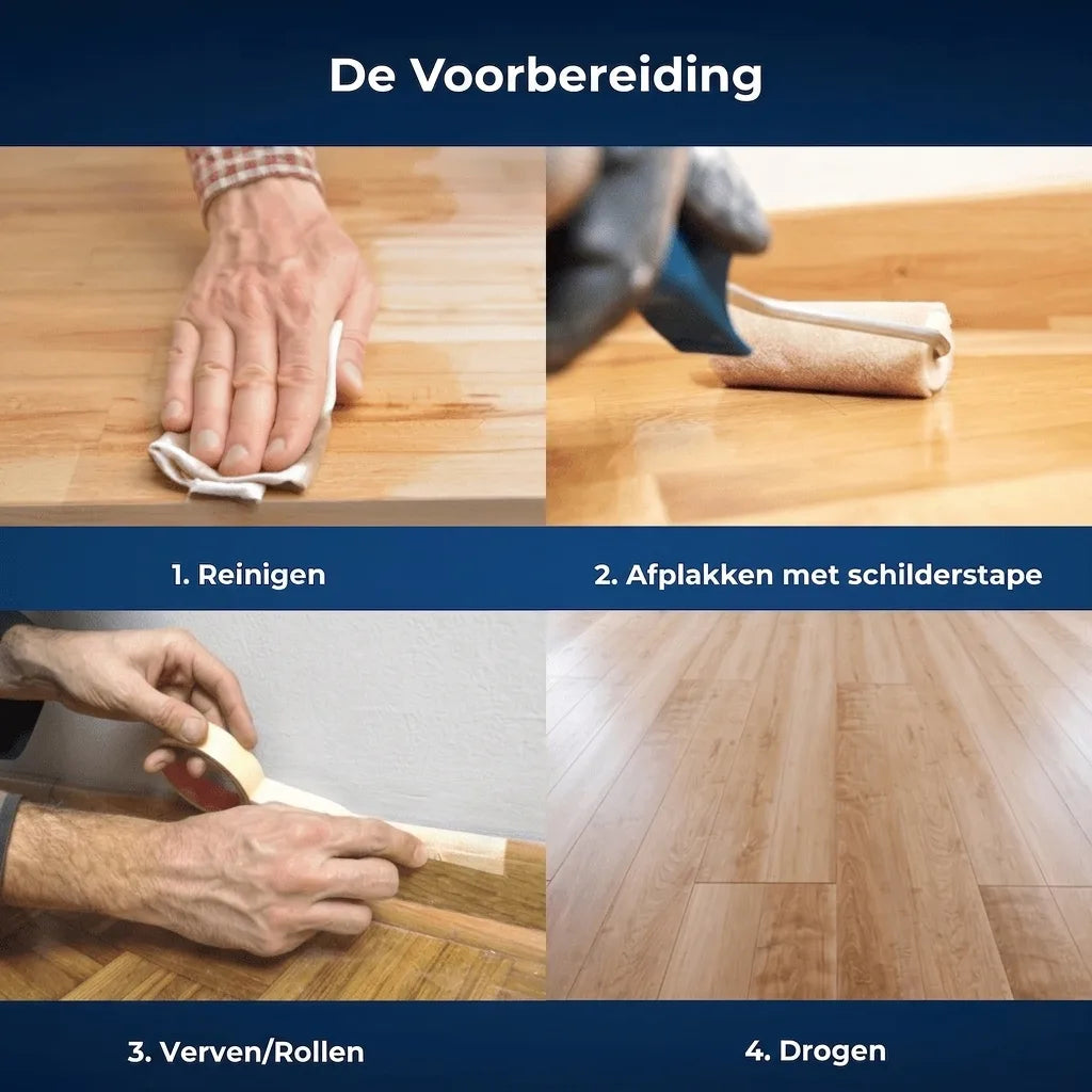 Stapsgewijze handleiding voor het voorbereiden van een houten oppervlak: reinigen, afplakken, verven/rollen en drogen.