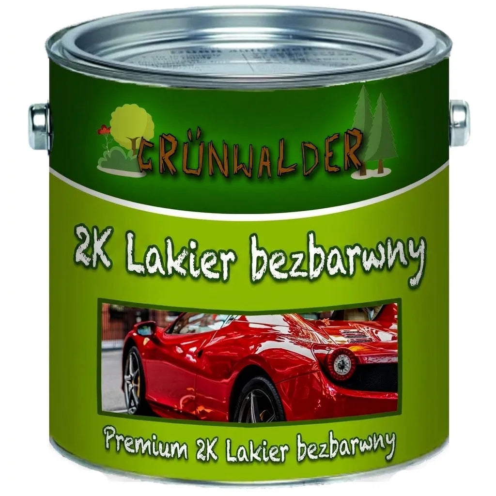 Puszka lakieru samochodowego Grünwalder 2K Klarlack premium, z widokiem czerwonego samochodu sportowego.