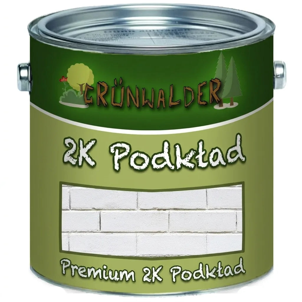 Zielona puszka farby GRÜNWALDER, podkład 2K premium. Widoczny wzór białych cegieł, drzewa i krzewy.