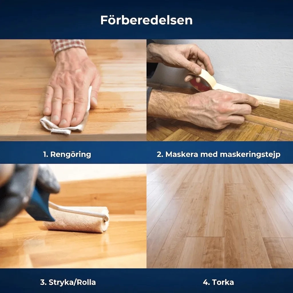 Instruktionsbild: Förbereda trägolv. Rengöra, tejpa lister, applicera ytbehandling, torka.