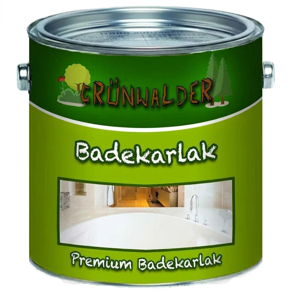 Grünwalder Premium badekarsemalje i grøn malerbøtte med illustrationer og billede af et badekar.