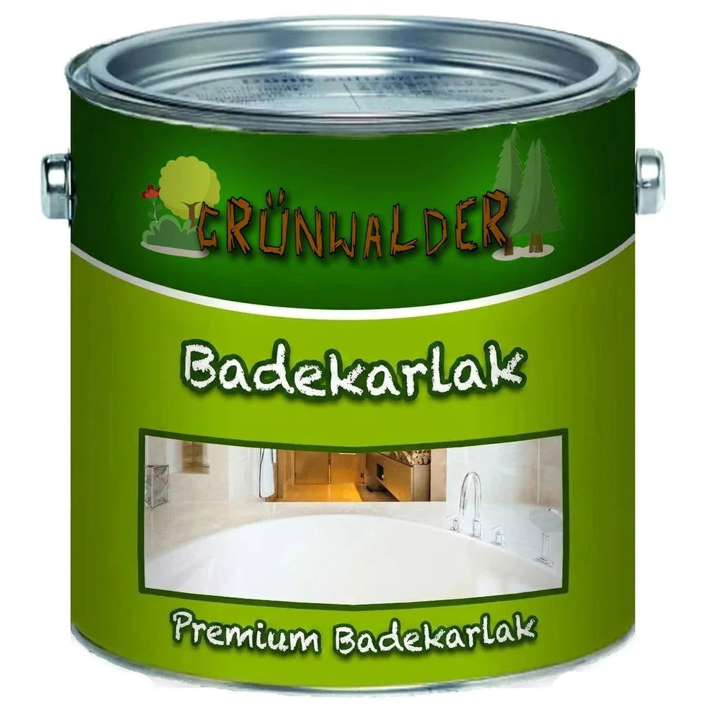 Grünwalder Premium badekarsemalje i grøn malerbøtte med illustrationer og billede af et badekar.