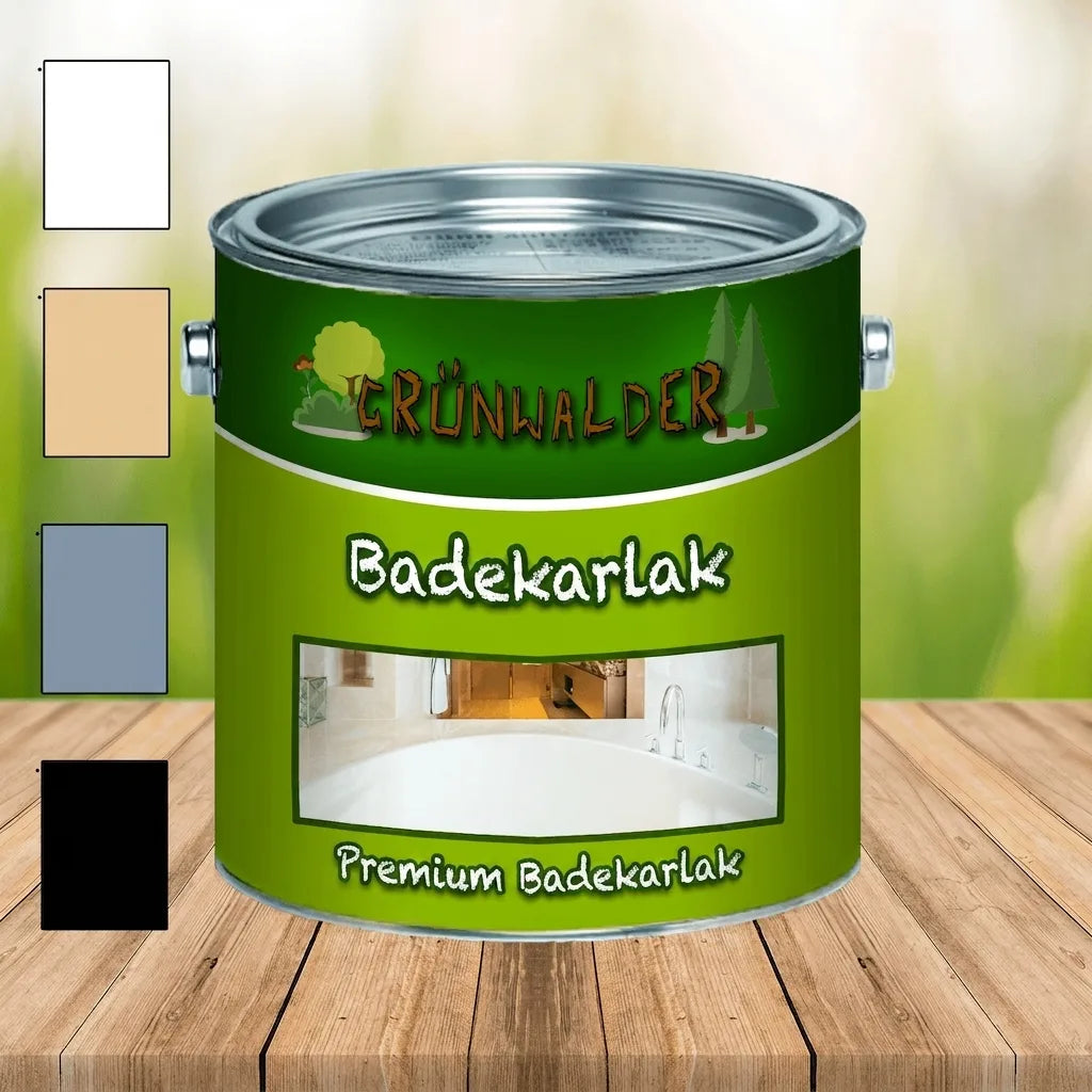 Grünwalder Premium badekar lak på dåse med hvide, beige, blå og sorte farveprøver på en træoverflade.