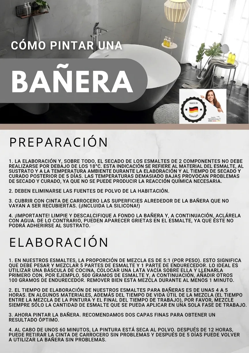 Instrucciones paso a paso en alemán sobre cómo pintar una bañera, con secciones de preparación y aplicación.