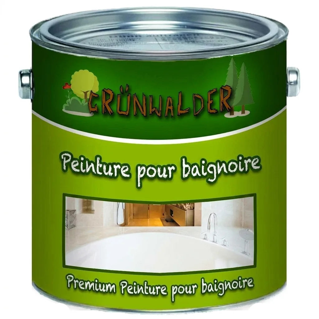 Pot de peinture vert Grünwalder Premium pour baignoires, avec une image de salle de bain.
