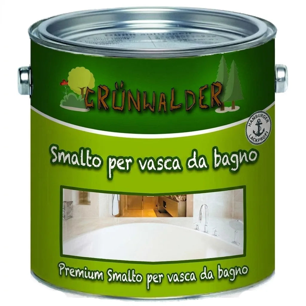 Barattolo di vernice verde Grünwalder per vasche da bagno, etichetta con testo e immagine vasca.