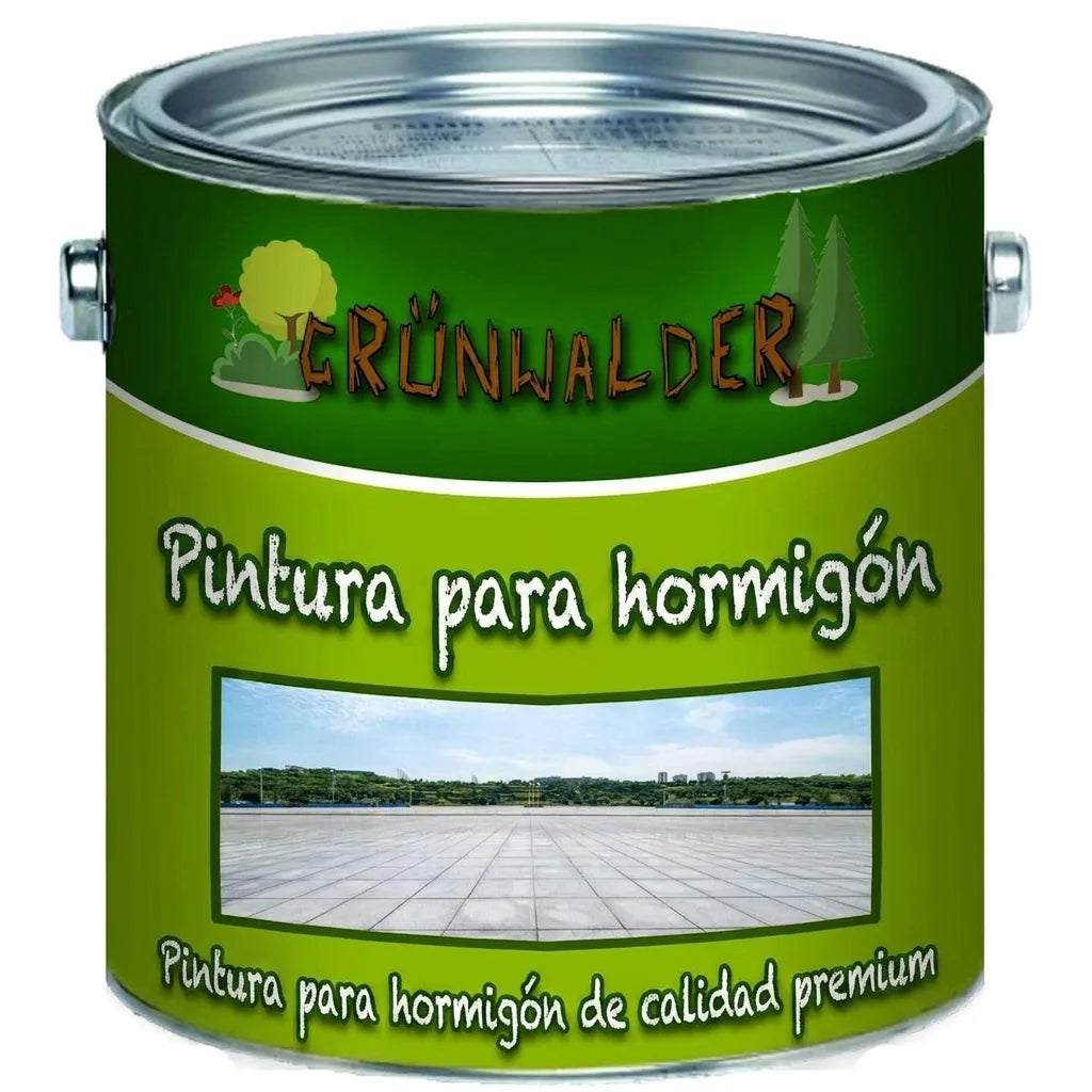 Bote de pintura verde Grünwalder, premium para hormigón, con imagen de superficie de concreto en la etiqueta.