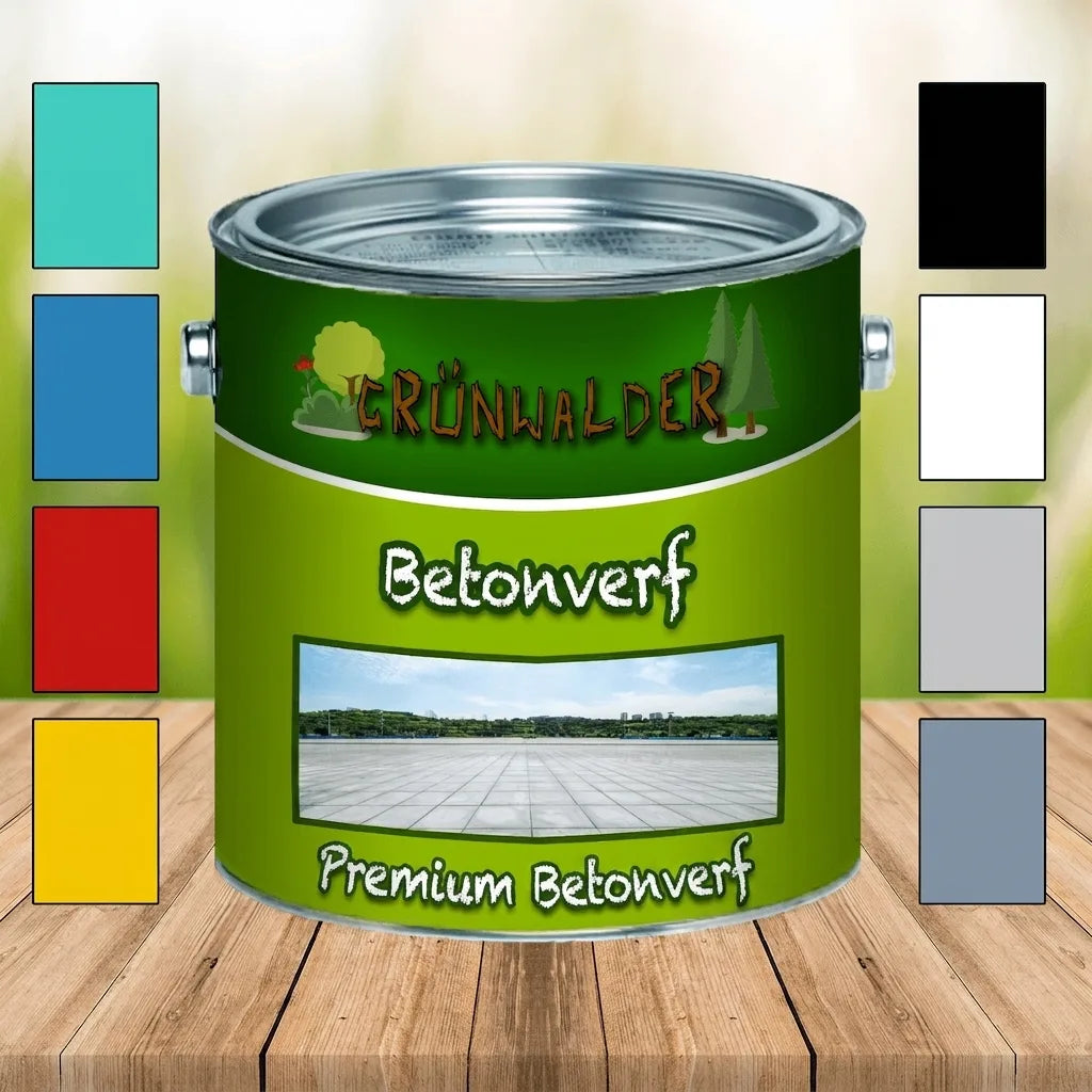 Blik Grünwalder Premium Betonverf met diverse kleurstalen op een houten tafel.