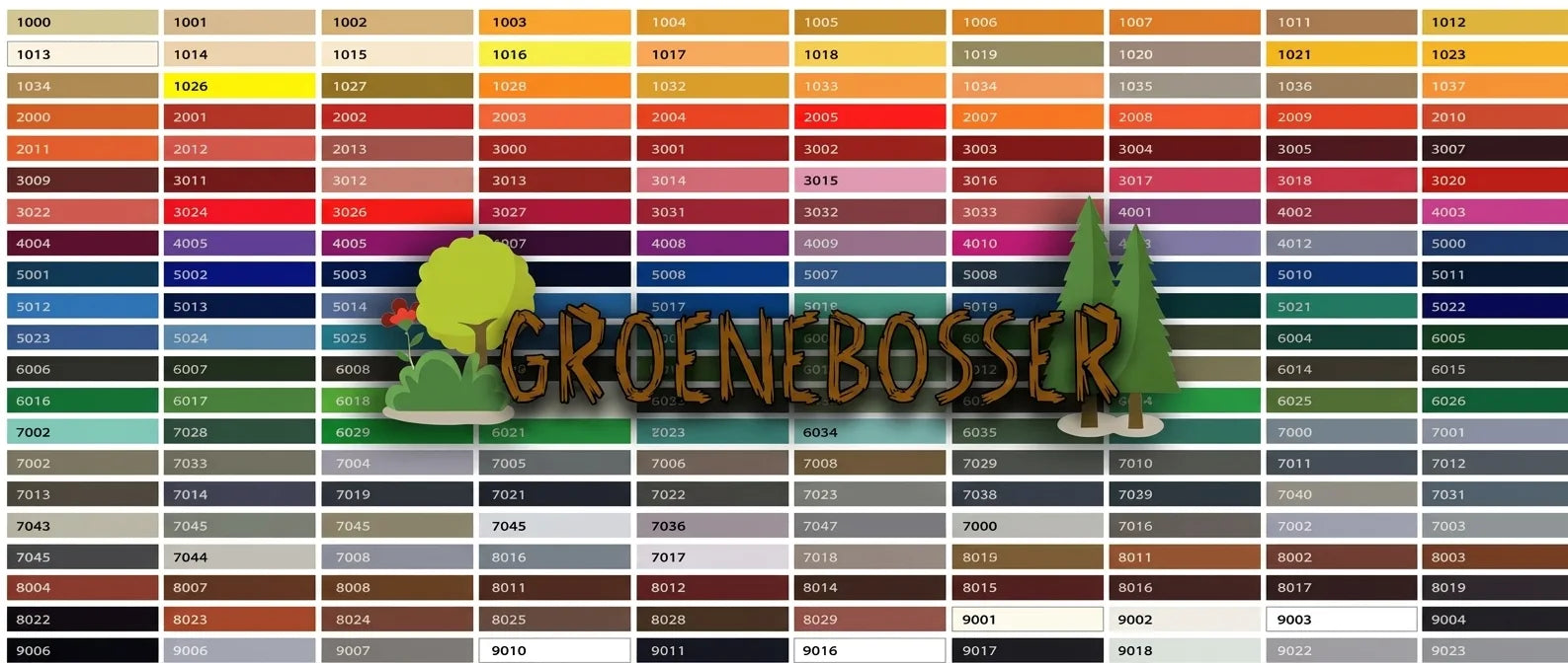 Kleurenkaart met RAL-codes, prominent woord GRÜNWALDER in houttextuur en boomillustraties.