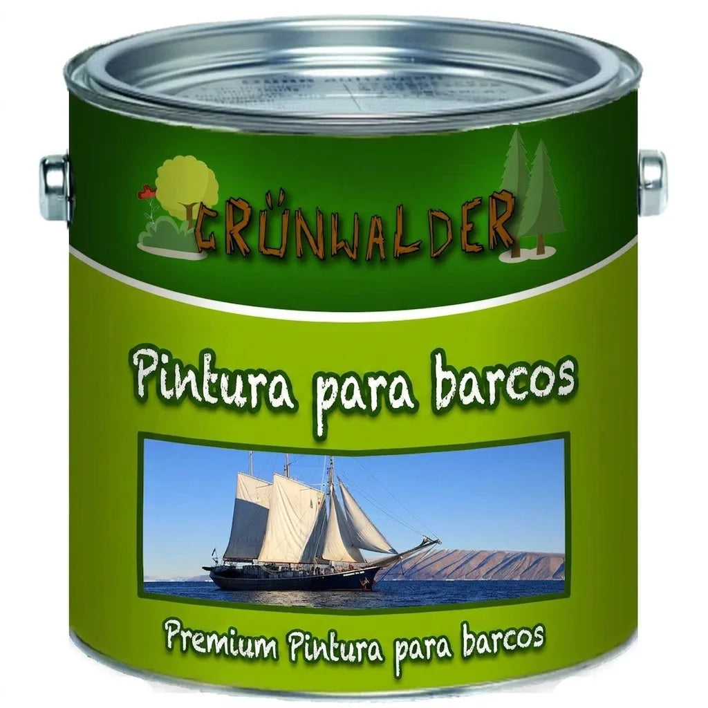 Bote de pintura verde GRÜNWALDER Bootslack, barniz premium para barcos, con imagen de velero en el mar.