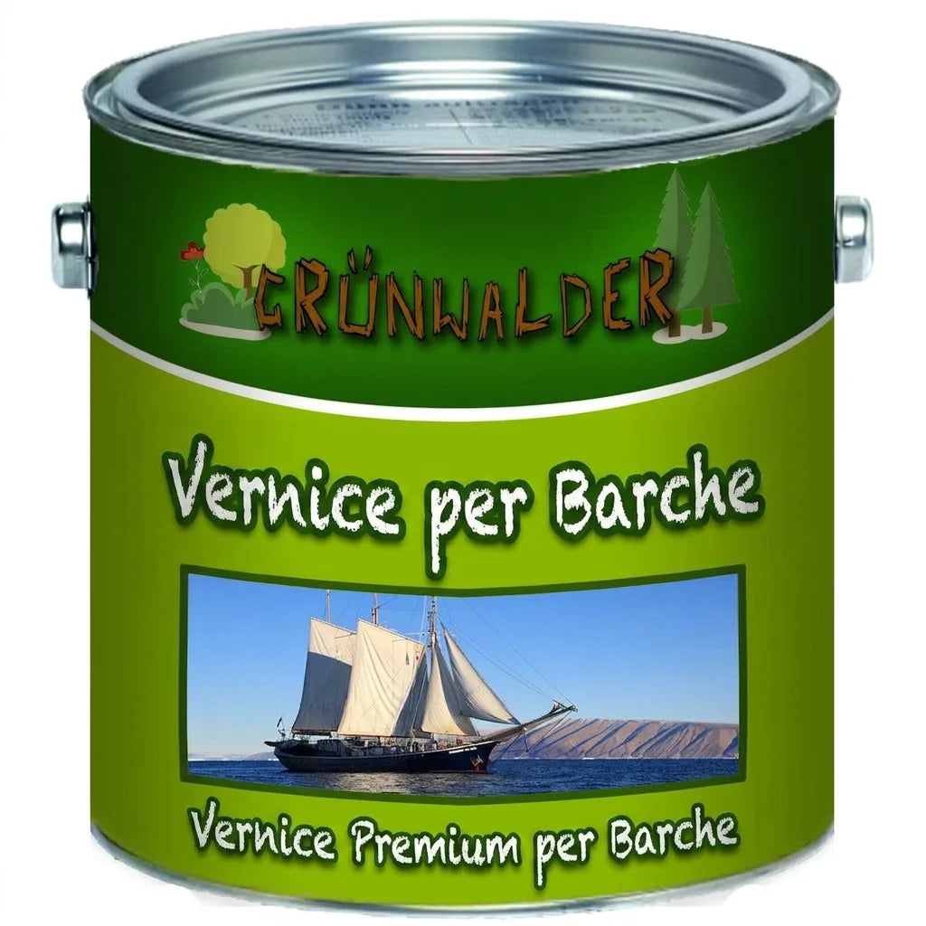 Lattina di vernice verde con etichetta 'Grünwalder Bootslack' e veliero, smalto per barche premium.