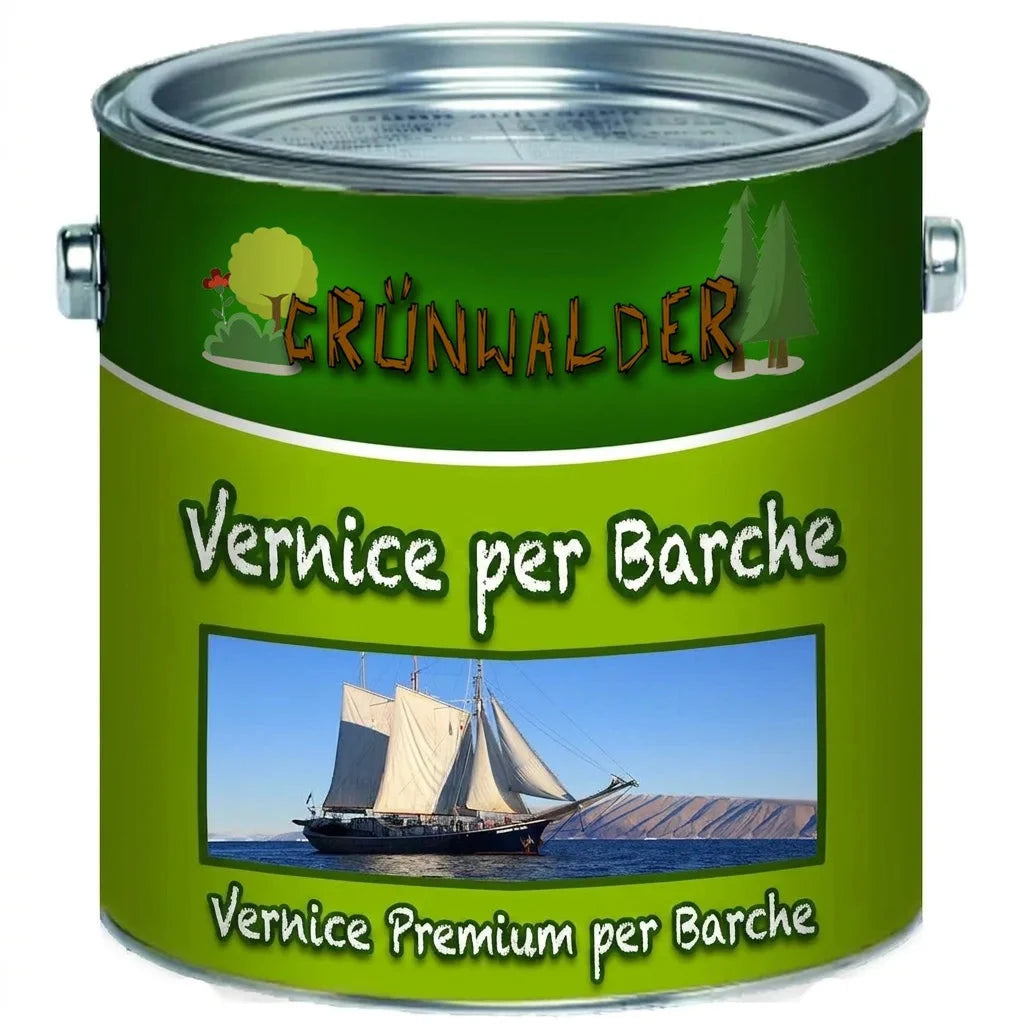 Lattina di vernice verde con etichetta 'Grünwalder Bootslack' e veliero, smalto per barche premium.