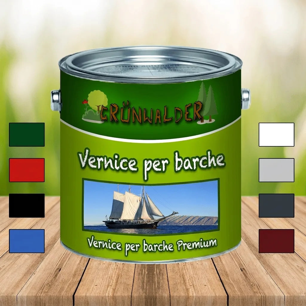 Lattina verde di vernice Grünwalder Bootslack con barca a vela e campioni di colore.
