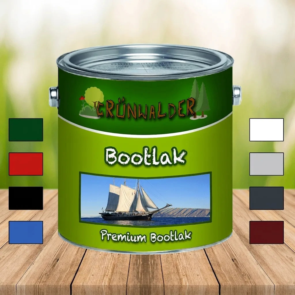 Groene verfblik met het label GRÜNWALDER Bootslack, toont een zeilboot en kleurmonsters.
