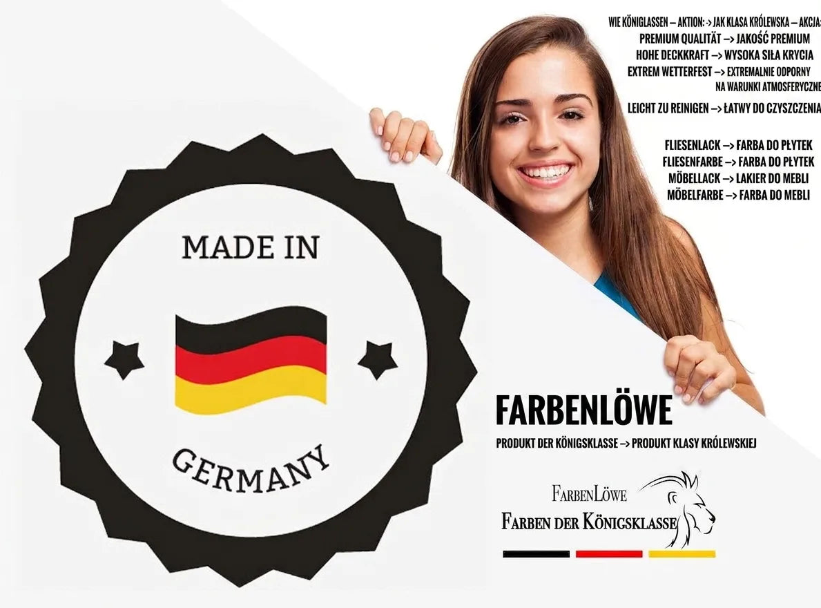 Uśmiechnięta kobieta trzyma tablicę z logo „Made in Germany” i napisem „Farbenlöwe Farben der Königsklasse”.