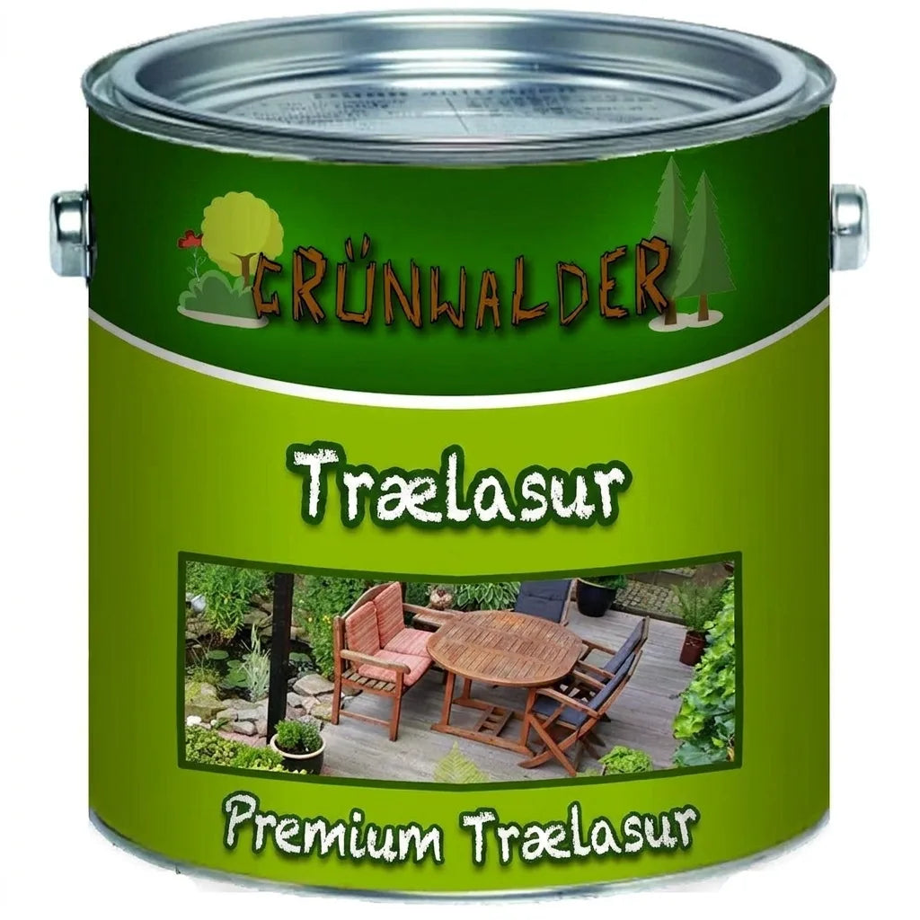 Malingdåse til Grünwalder Premium Trælasur. Etiketten viser have med træmøbler.