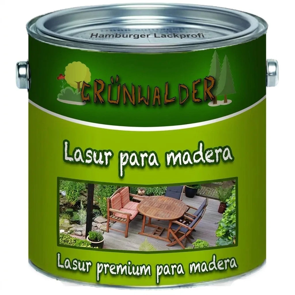 Lata de lasur premium para madera Grünwalder, con etiqueta verde y foto de mobiliario de jardín.