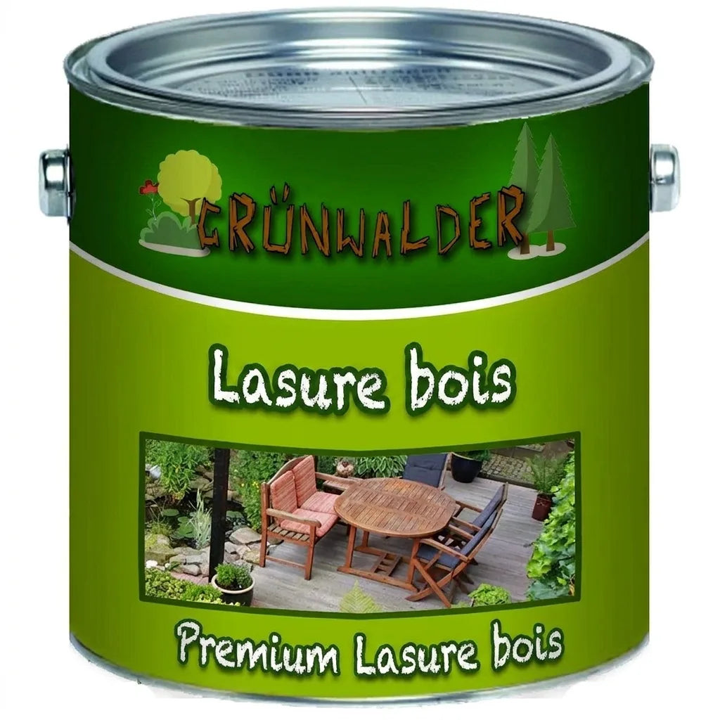 Pot de lasure bois Premium Grünwalder vert avec image de mobilier de jardin en bois.