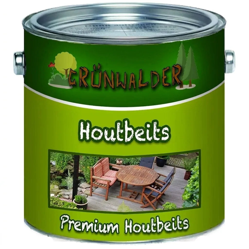 Groenwalder premium houtbeits in blik met afbeelding van een houten terras met meubels