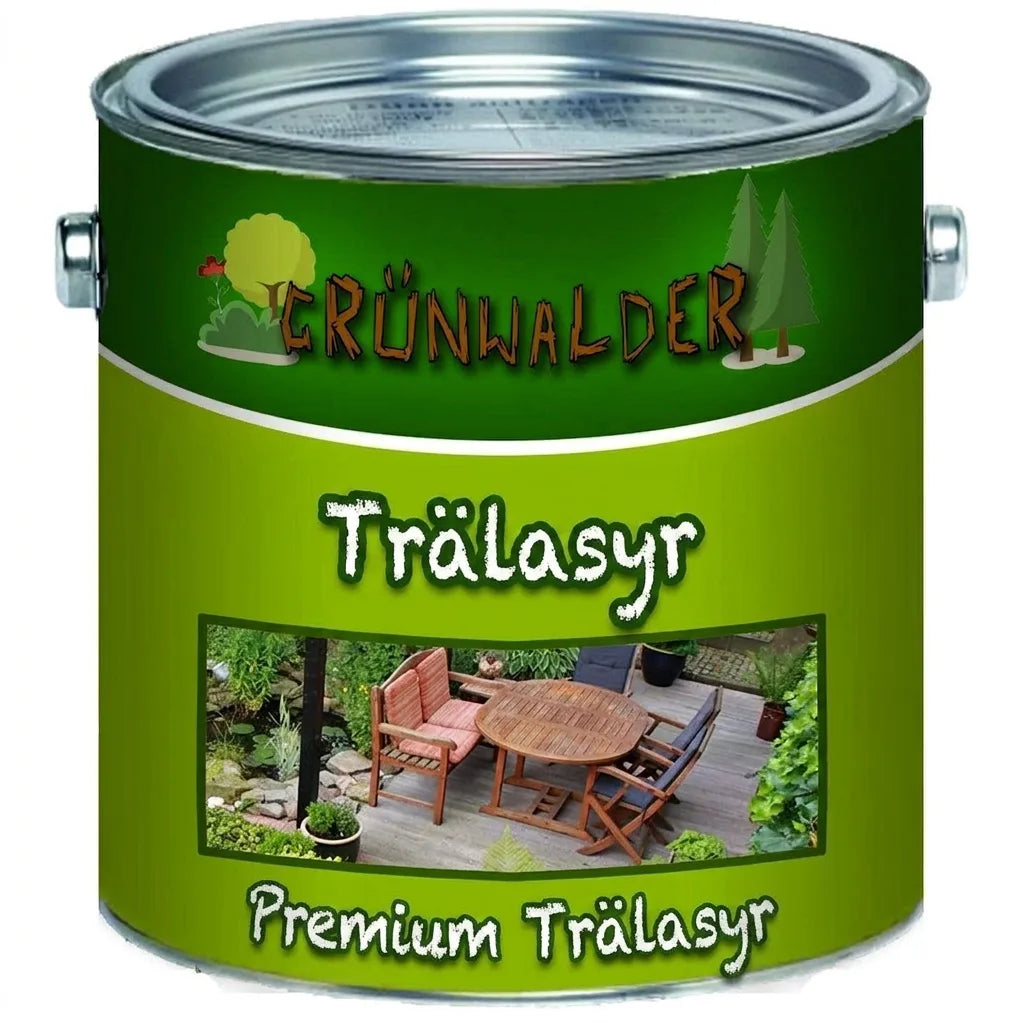 Grünwalder Premium trälasyr Holzlasur i grön burk för träytor och uteplatsmöbler.