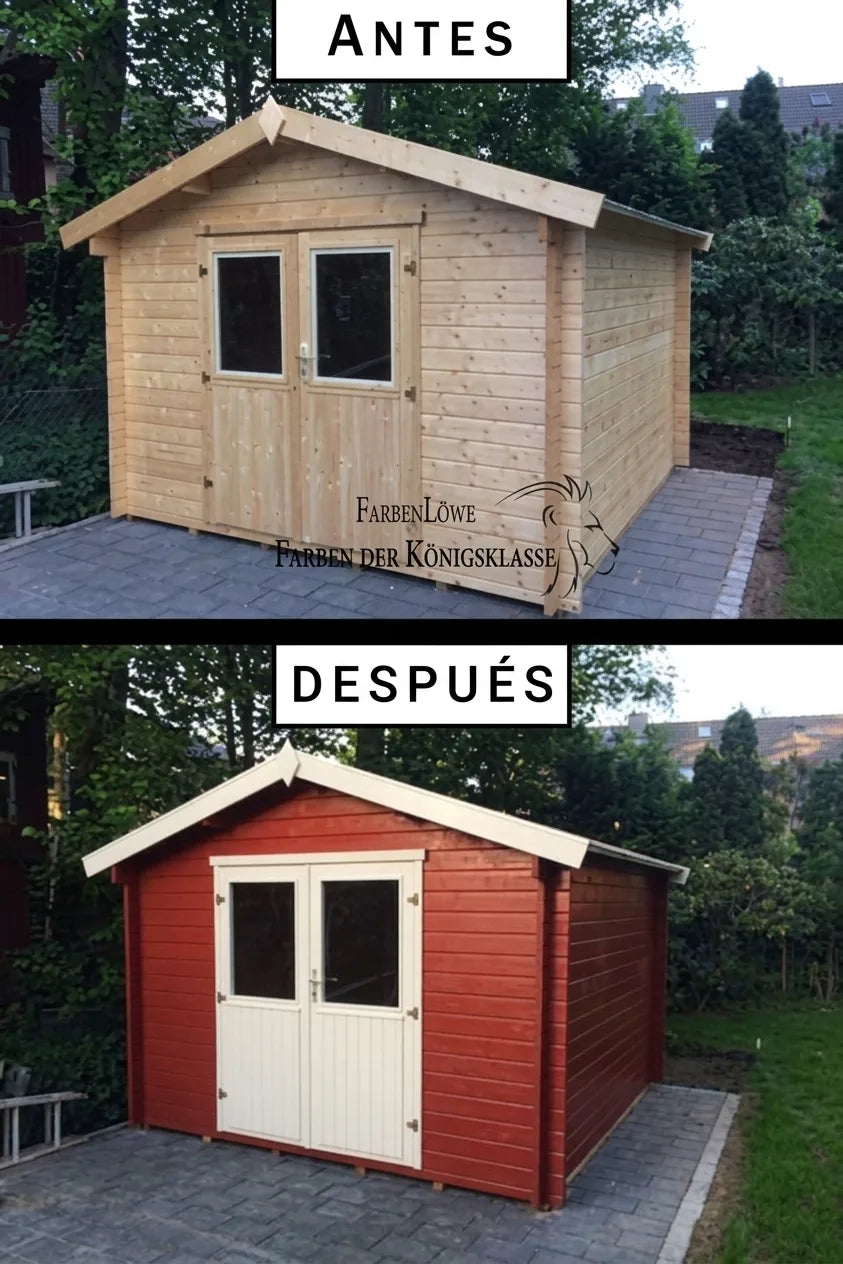 Caseta de jardín de madera antes y después de ser pintada de rojo y blanco.