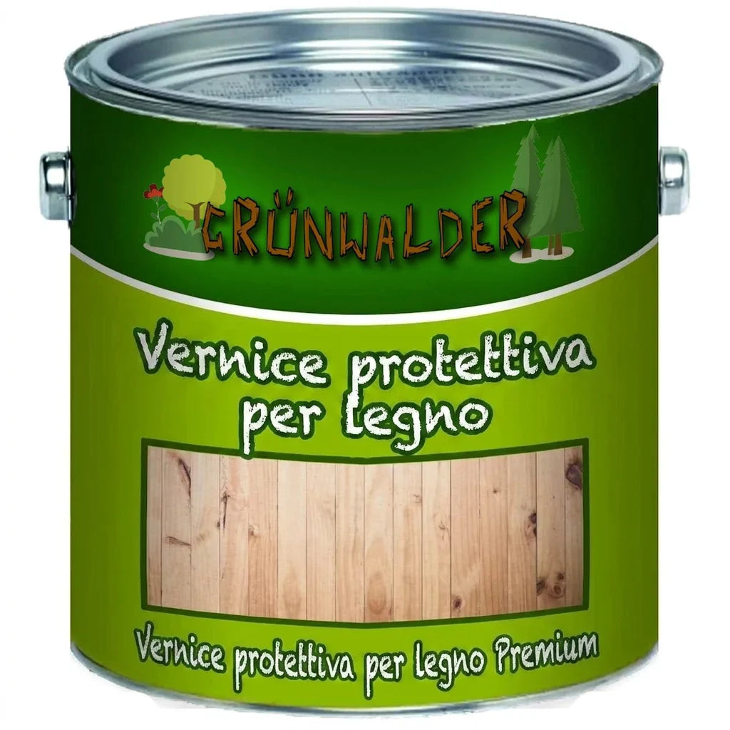 Barattolo di vernice protettiva premium per legno Grünwalder, con finitura effetto legno naturale.