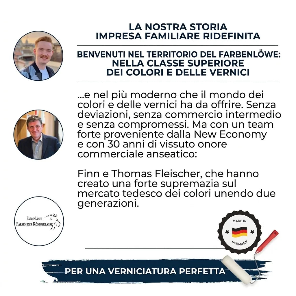 Storia FarbenLöwe: Finn e Thomas Fleischer, impresa familiare leader in vernici e colori di qualità tedesca.