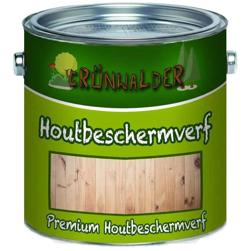 Groen verfblik Grünwalder Premium houtbeschermingsverf. Etiket toont lichte houtkleur op planken.