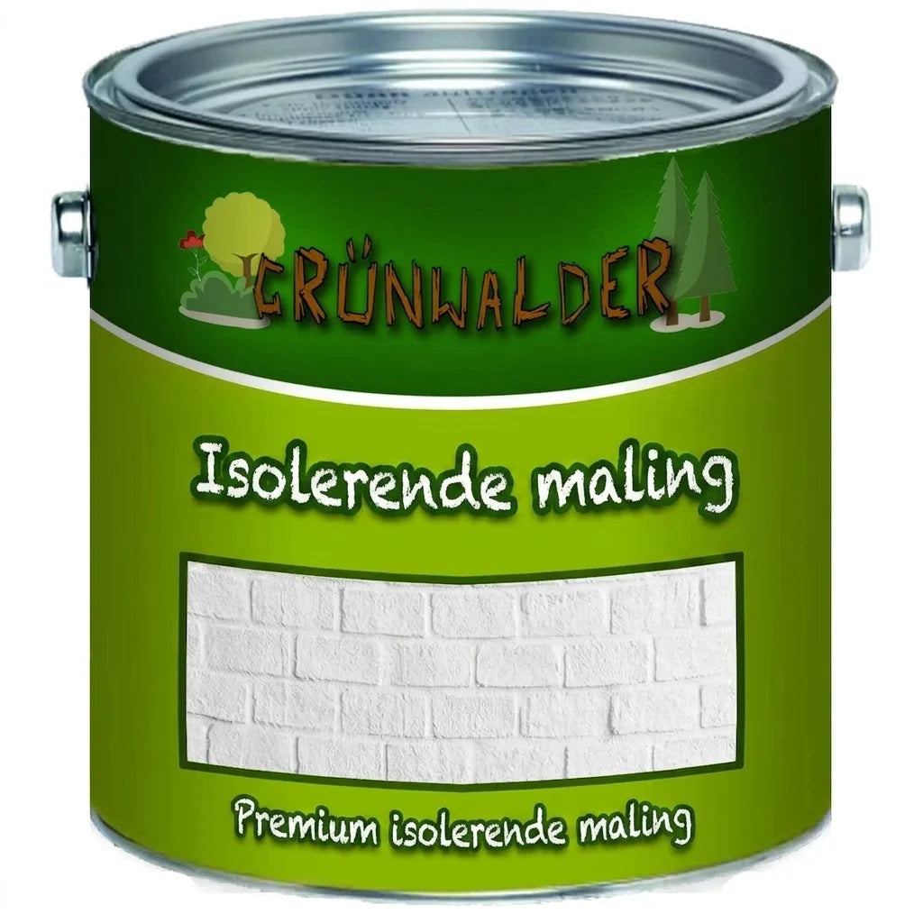 Grøn dåse med Grünwalder Isoleringsmaling. Viser hvid murstenstextur på en prøveflade.