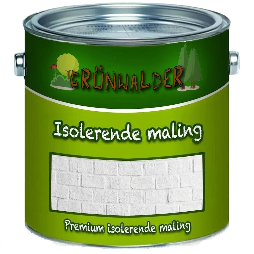 Grøn dåse med Grünwalder Isoleringsmaling. Viser hvid murstenstextur på en prøveflade.